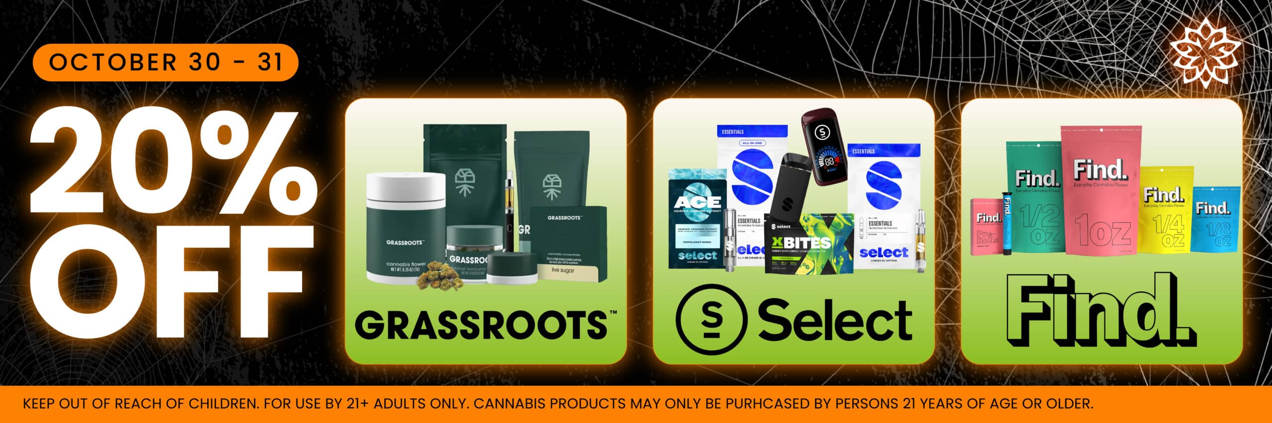 Halloweekend Cannabis Deals at Pettals Cannabis: 20% Off Grassroots, Select Cannabis, Find Cannabis.